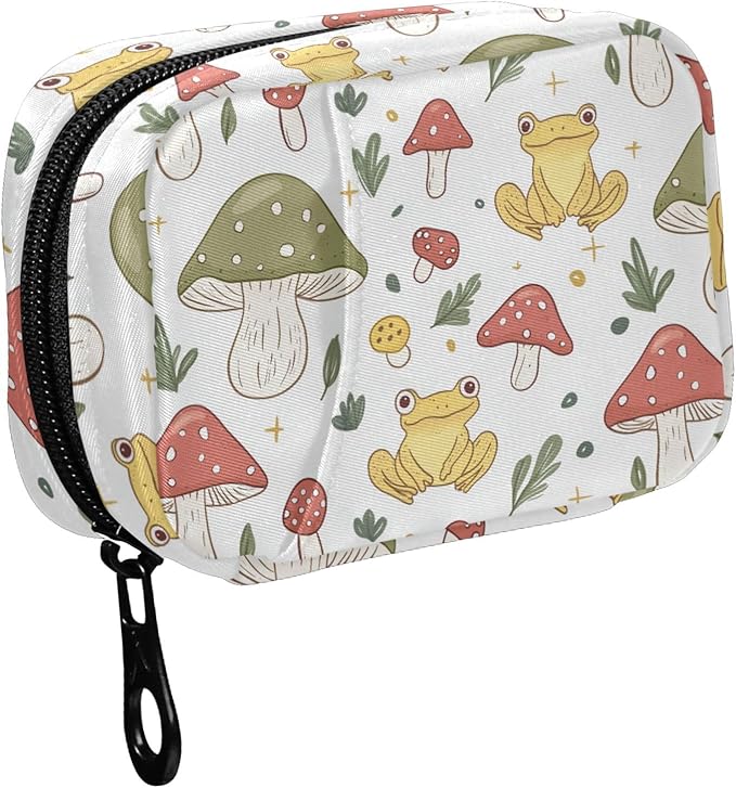Fustylead Cute Yellow Frog and Mushroom Travel Pill Organizer Bag with Zipper Small Pill Box 7 Day Pill Case for Purse Storage Weekly Vitamin Medicine Supplement