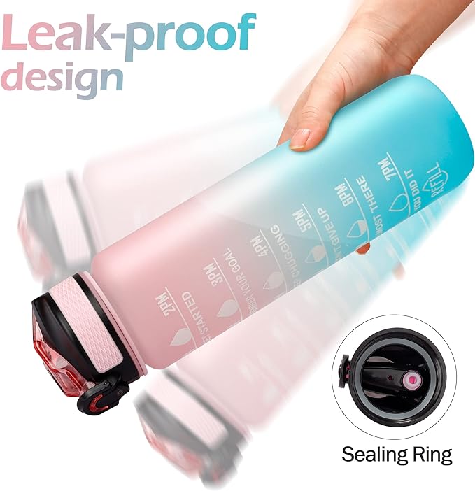 Motivational Water Bottle with Time Marker - 32oz, Leak-proof BPA Free Sports Water Bottles with Straw & Carrying Strap