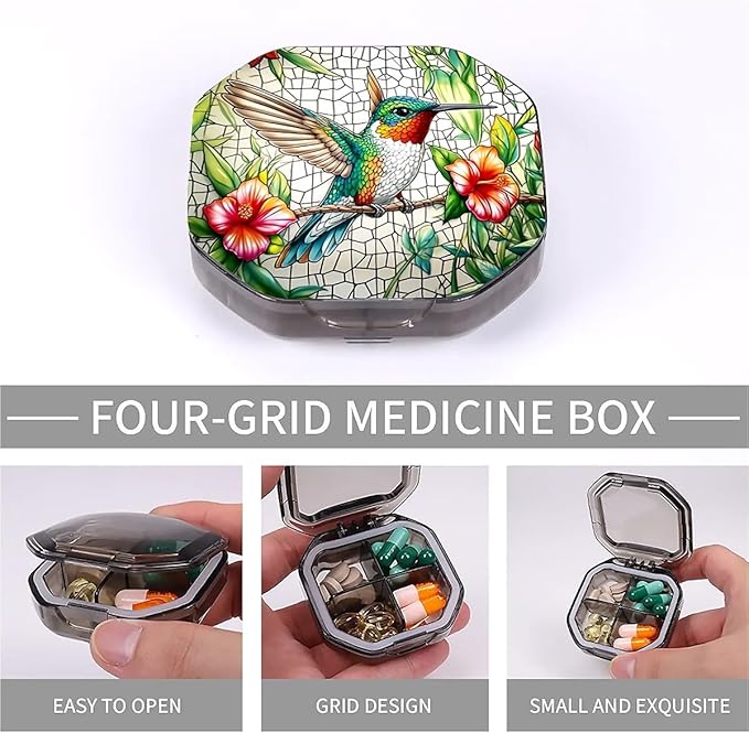 This Portable Flower Hummingbird Pattern 4 Compartment Pill Box Can Be Placed in A Pocket Or Wallet to Store Vitamins, Medicines Health Supplements Other Medications.