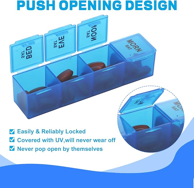 JMIATRY 6 Pack 7 Day Pill Organizer 4 Times a Day Large Weekly Pill Organizer 28 Compartment Daily Medicine Pill Box 7 Day Pill Container Holder to Hold Fish Oils, Vitamin (8.2 x 4.9 x 1.2 Inch)