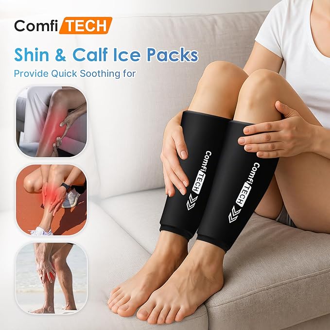 ComfiTECH Shin Splint Ice Pack Wrap 2 Pack, Reusable Leg Ice Pack Sleeve for Knee & Calf, Flexible Gel Cold Pack for Ankle & Arm, Hands-Free Design for Comfort and Support, Medium