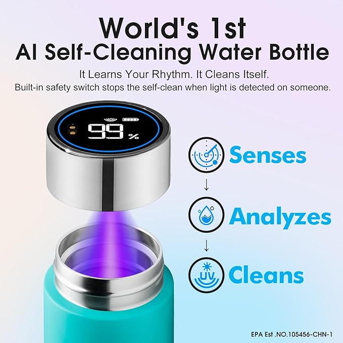 Vsitoo 8.5oz self-cleaning Mini Insulated Water Bottle,Stainless Steel Vacuum Flask,AI Self-Clean,30-Day Battery Life,BPA-Free,Perfect Small Water Bottle for Travel, Purse,Blue