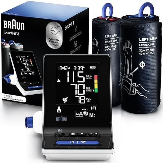 Braun ExactFit 3 Blood Pressure Monitor for Home Use, Blood Pressure Machine, Color-Coded, High BP Monitor, 2 Upper Arm Cuff Sizes, 80 Memory Slots