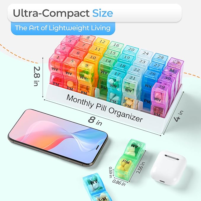 Monthly Pill Organizer 2 Times a Day, one Month Pill Box AM PM, 30 Day Pill Case Small Compartments to Hold Vitamin and Travel Medicine Organizer, 31 Day Pill Organizer, 4 Week Pill Cases