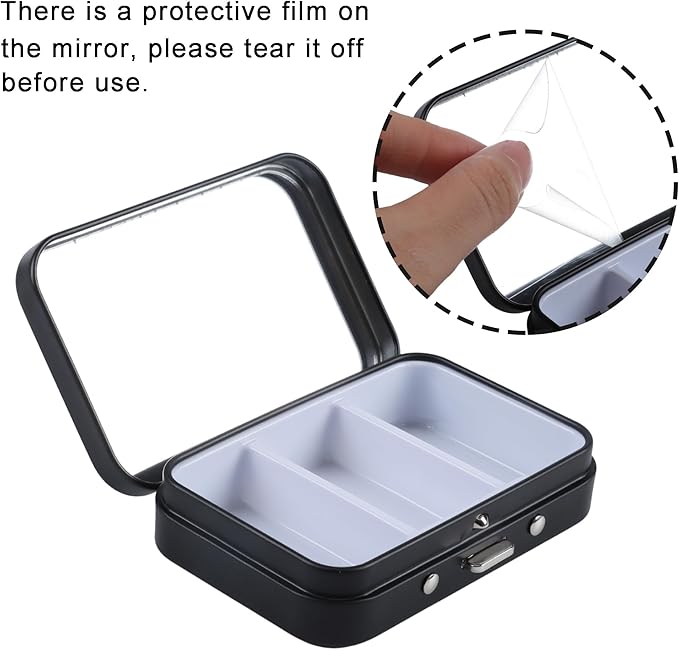2 PCS Pill Box with Mirror, Portable 3 Compartment Medicine Pill Organizer, Cute Small Pill Case Supplement Organizer Pill Holder for Purse Travel(Black)