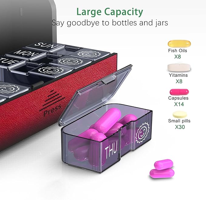Medicine Pill Organizer, 7 Day AM PM Pill Box 2 Times a Day, Travel Leather Pill Case, Pressing The Double Opening, Holds Medication Vitamins Fish Oil and Supplements (Red and Blue)
