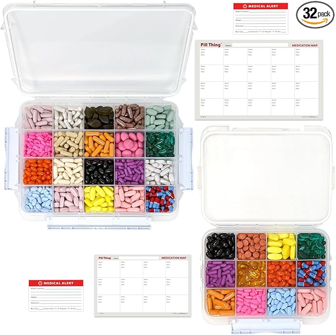 20 Compartment Large Pill Case with Airtight Seal - Silicone Gasket Waterproof Med Box with Medication Map (Combo Pack - 20 & 12)