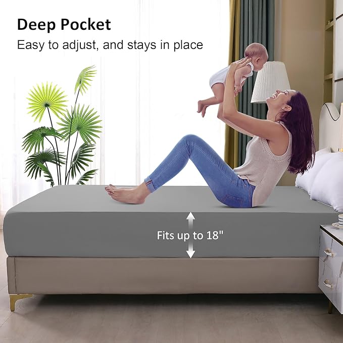 Waterproof Mattress Protector Full, Fitted Sheet Style Breathable Mattress Cover with Deep Pocket Fits Up to 18'', Noiseless Bed Cover for Kids Adults Pets, Machine Washable (Light Gray, 54'' X 76'')