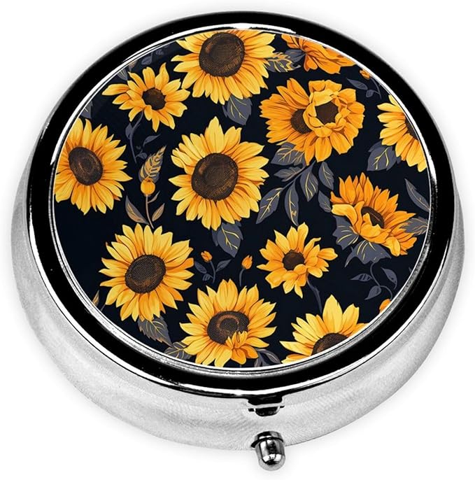 Sunflower Style6 Print Round Metal Pill Box with 3 Compartment for Pocket or Purse Travel Bag Mini Small Size 2 inche