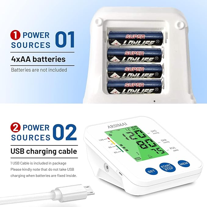 Blood Pressure Monitor Accurate Automatic Upper Arm High Blood Pressure Monitors Portable LCD Screen Powered by Battery with Adjustable Cuff and Storage Bag -White