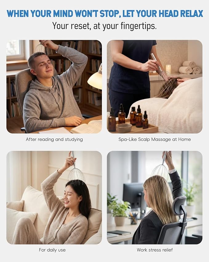 Head Massager Scalp Stress Relief, Rechargable Electric Scalp Massager, Handheld Vibrating Head Scratchers with 20 Metal Fingers for Hair Scalp Massage Relaxation Self-Care