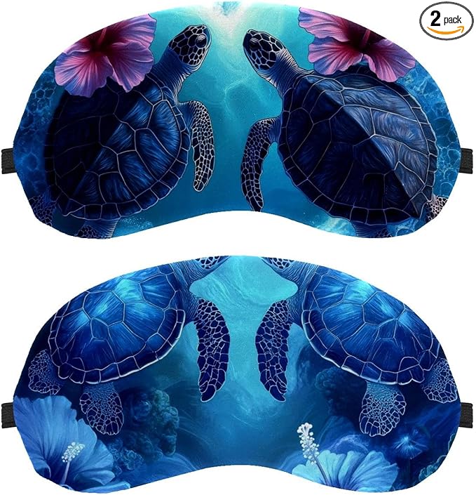 2 Pack Sleep Eye Mask for Women Men, Soft Breathable Eye Cove No Pressure Blackout Night Blindfold for Sleeping Light Blocking with Adjustable Strap, Blue Turtle Flowers