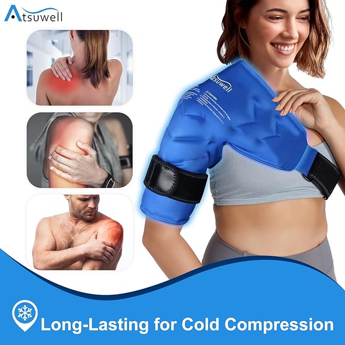 Atsuwell Shoulder Ice Pack Rotator Cuff Cold Compression, Reusable Gel Ice Pack Shoulder Wrap, Flexible Arm Cold Pack for Men and Women, Blue
