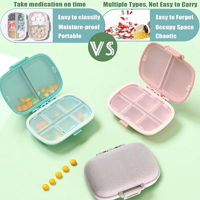 2PCS INVODA Pill Organizer Travel Pill Box 8 Compartments Moisture Proof Small Pill Case for Pocket Purse Daily Pill Container Portable Medicine Fish Oil Vitamin Holder