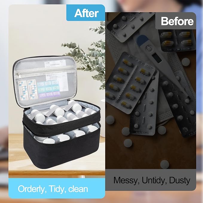 Medicine Organizer Bag, Dual Layers Pill Bottle Organizer Storage Bag with Adjustable Divide, Medication Travel Bag for Pills, Vitamins, Medical Supplies for Home with Pill Carrying Bag&Pill Pouch Bag