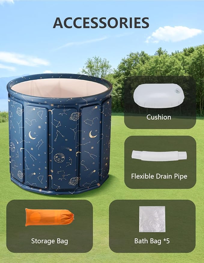 Portable Bathtub for Adults, Collapsible Freestanding Bathtub for Shower, Hot Ice Bath Tubs with Thickened Thermal Foam to Keep Temperature, PVC Outdoor Soaking Tub (Planet Blue)