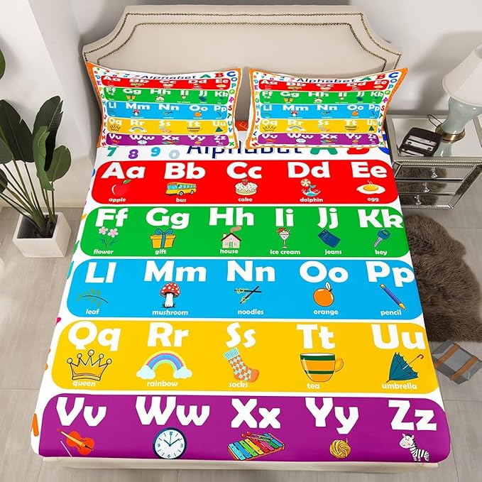 ABC Alphabet Bed Sheet Set Full Size, Learning Alphabet Fitted Sheet Kids Toddler Educational Bedding Set Word Educational Bed Cover (2 Pillow Cases and a Fitted Sheet)
