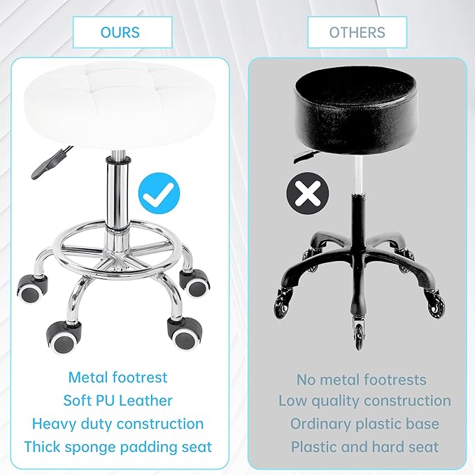 PU Leather Rolling Stool Height Adjustable Round Swivel Stools for Spa Salon Massage Work Chair with Foot Rest White