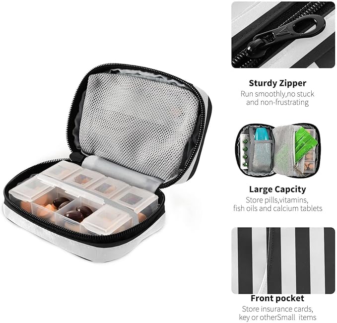 Pfrewn Pill Organizer Case Black and White Striped Travel Pill Box with Zipper 7 Day Portable Small Weekly Vitamin Medicine Supplement Holder Pouch Bag for Women Men