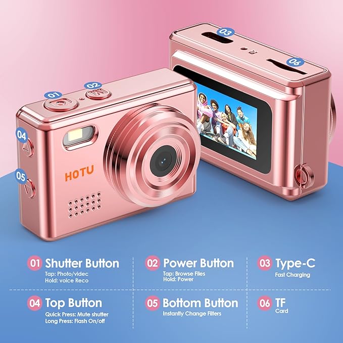Mini Keychain Digital Camera, Y2K Pocket-Size Mini Camera, 2MP 1080P Small Camera with 32GB Card, Video Recorder with Long Battery Life for Travel, Party and Vlog (Rose Gold)