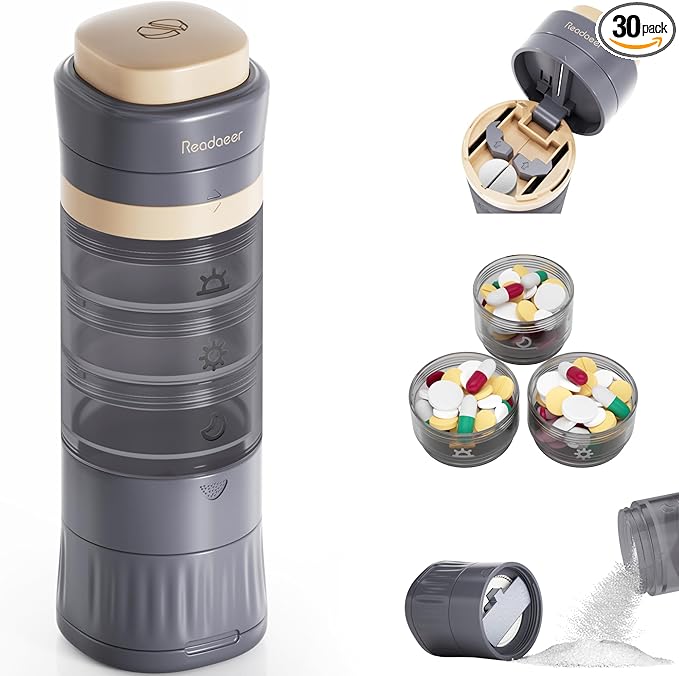 READAEER Pill Organizer, Pill Cutter, Pill Grinder, 3 in 1 Function Portable Pill Case for Trave（Gray