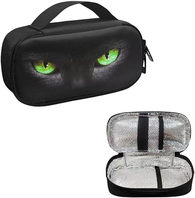 Black Cat Green Eyes Diabetic Supplies Travel Case Glucose Meter Storage Bag Insulin Pen & Medication Carrying Case for Test Strips, Lancets, Syringe, Needles, Easy to Use