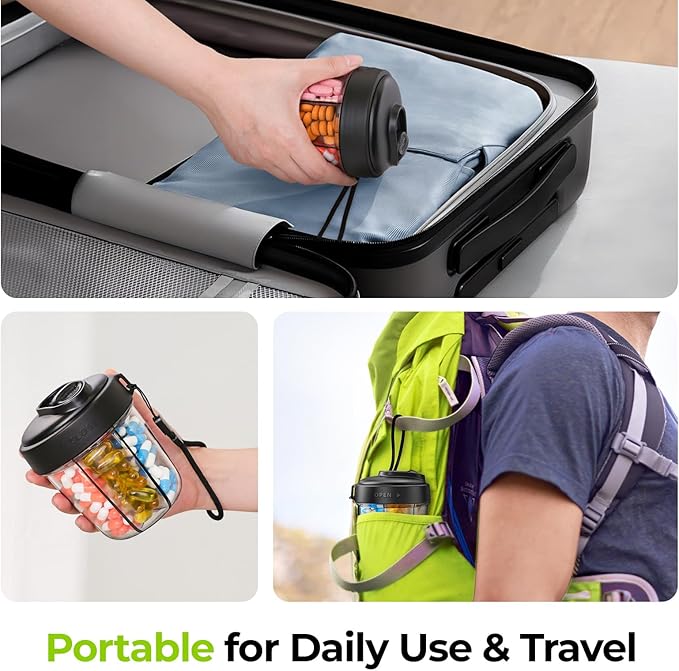AUVON Large Pill Dispenser Can Store 7 Various Supplements, Travel Pill Organizer Bottle with Anti-Mix Design, Arthritis-friendly Pill Holder with Wide Opening & Slider Lid, Includes 20 Blank Stickers