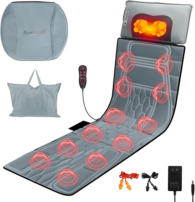 Full Body Massage Mat with Heating, Detachable Shiatsu Neck Massager, Vibration Massage Mats with Lumbar Pillow, 9 Vibration 3 Timer Settings, Gift for Men Women Parents Christmas
