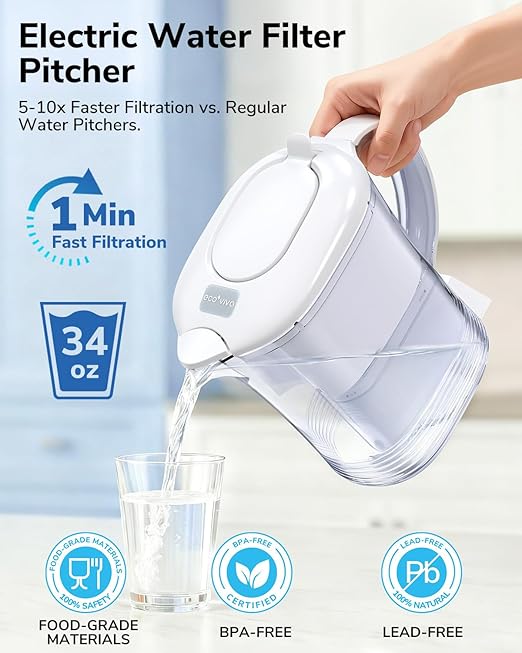 Electric Water Filter Pitcher for Tap and Drinking Water,1-Min Fast Filtration, Removes 99.99% of Lead, Chlorine, with 5-Stage Advanced, 6-Month Long-Life Filter,34oz, EWP-PE1