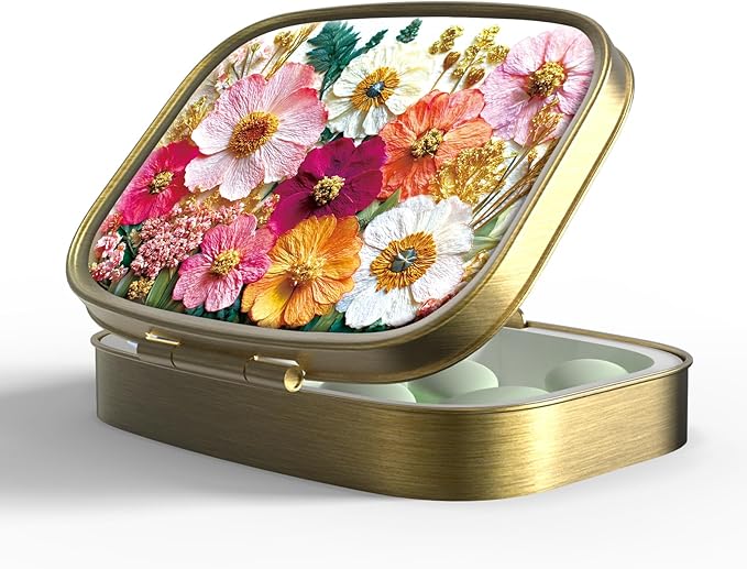 Small Pill Box Pill Case with Mirror Retro Pocket 2 Compartment Pill Holder for Purse or Pocket Bronze Portable Medicine Vitamin Container Fish Oil and Supplement Storage BPA-Free