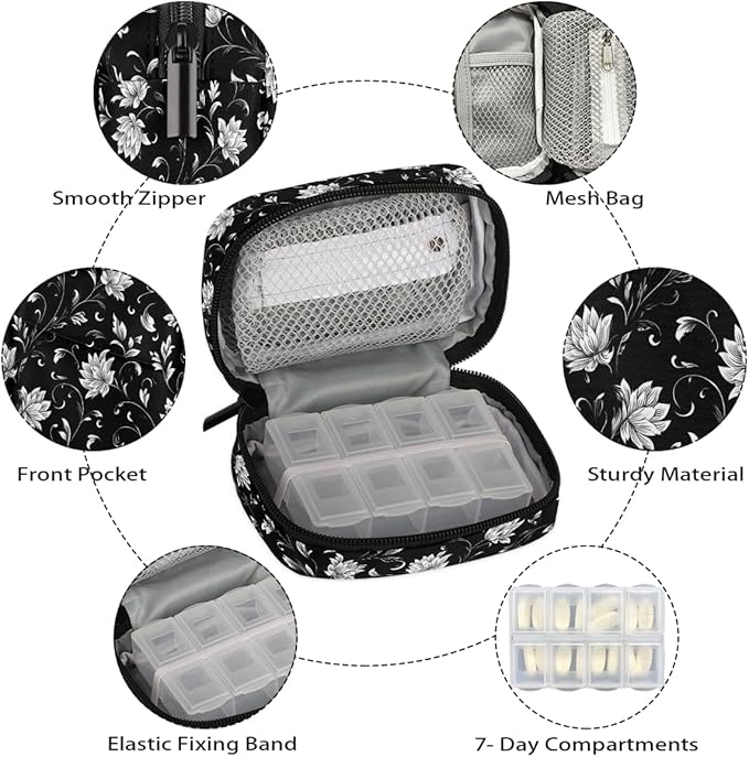 Floral Black Retro Pill Case Everyday Travel, 7 Day Weekly Medicine Pill Box Compact Portable Pills Bottle Organizer with Zipper for Daily Vitamin Medicine Holder Bottle Organizers Bag