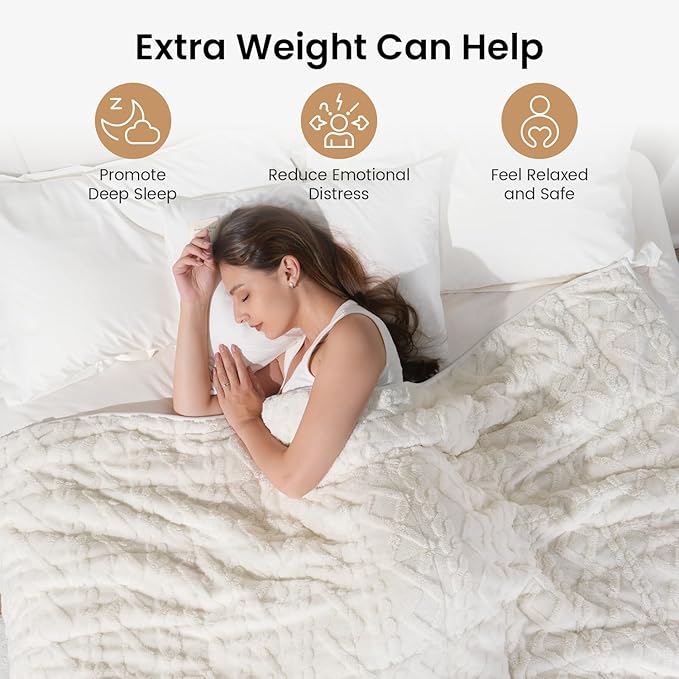 Drewin Weighted Blanket 15lbs Queen Size, Soft and Thick Jacquard Sherpa Heavy Blanket for Calming and Relax, Dual Sided Ultra Soft Fuzzy Throw Blanket with Ceramic Beads, 60 x 80 inches, Cream White