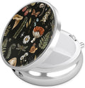 Black Mushroom Pill Case, Pill Box 3 Compartments Metal Small Pill Holder with Mirror Mini Travel Pill Container for Purse Pocket Women Men