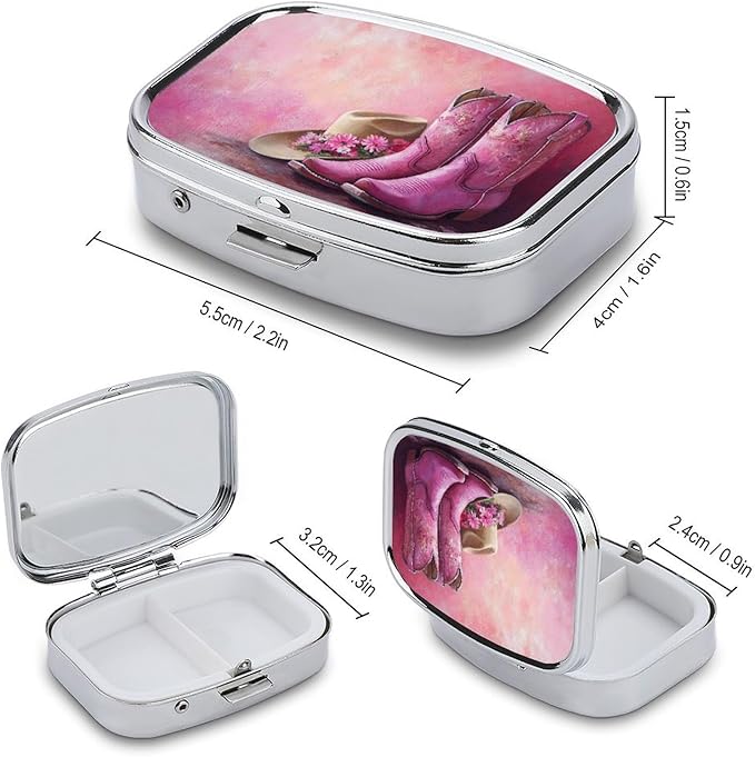 Pink Cowboy Boots with Flowers Pill Box 2 Compartment Portable Medicine Pill Case Travel Pill Organizer for Pocket Purse
