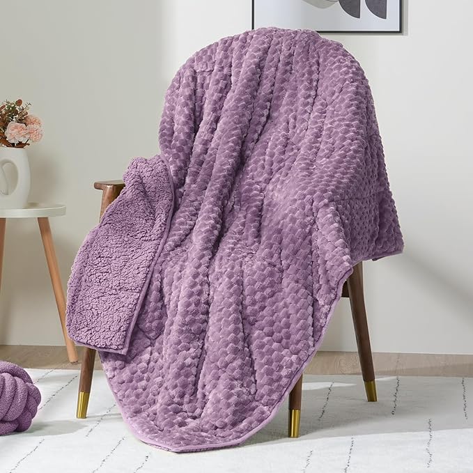 Wemore Fleece Weighted Blanket for Adults (60" x 80" 15lbs, Purple), Dual Sided Cozy Soft Sherpa Heavy Blanket, 3D Imitation Turtle Shell Warm Jacquard Flannel Weighted Blankets for Couch and Bed