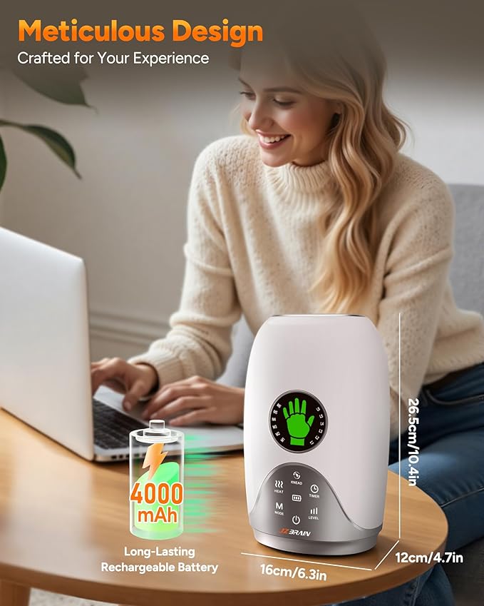 Hand Massager with Heat and Compression : Hand and Wrist Massager with Customizable Modes, Finger Stretch Function, Visual Display, Palm Roller - Daily Comfort for Women, Men, Home, Office Use,White