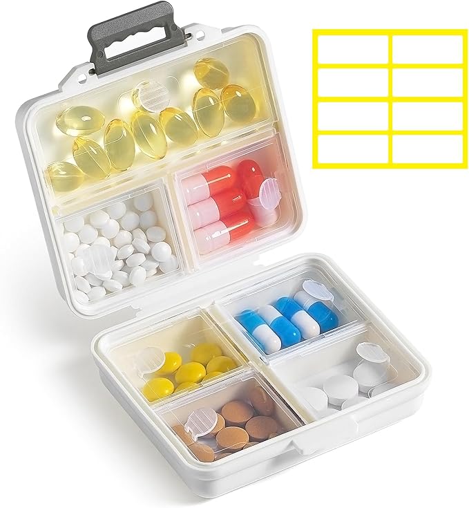 1 Pack Travel Pill Organizer,Portable Daily Pill Box,7 Grid Compartments Weekly Pill Case with Lables,Mini Medicine Organizer Box,Compact Pocket Pharmacy for Purse Vitamin Fish Oil Container (White)