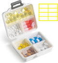1 Pack Travel Pill Organizer,Portable Daily Pill Box,7 Grid Compartments Weekly Pill Case with Lables,Mini Medicine Organizer Box,Compact Pocket Pharmacy for Purse Vitamin Fish Oil Container (White)