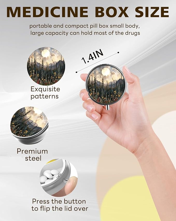 LRITER Pill Case, Portable Travel Pill Box, Pillbox Organizer, Cute Small Medicine Storage Container, Purse Accessories for Women, Men (Sunset Forest)