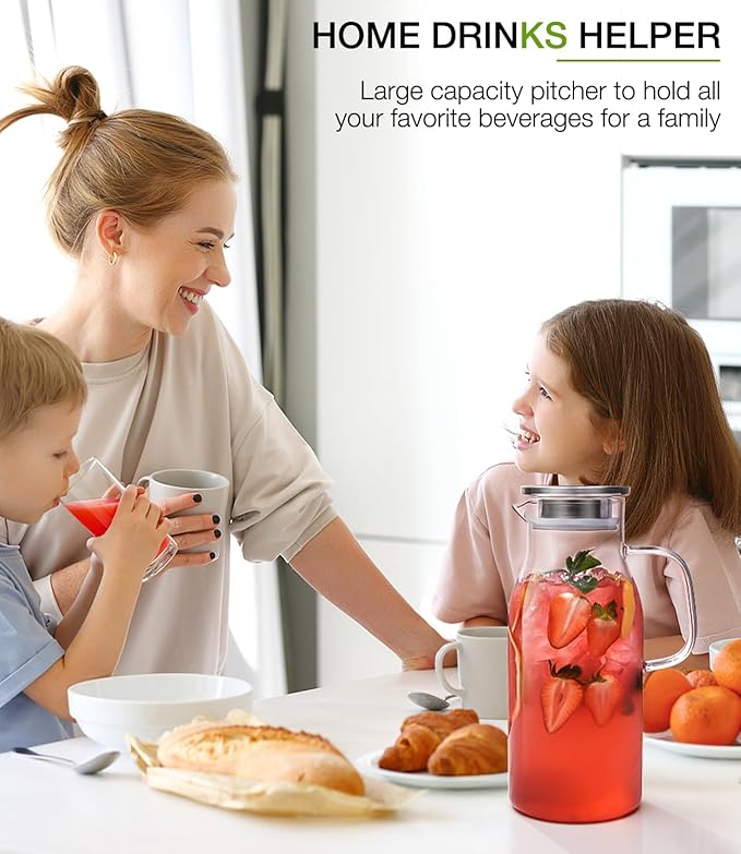 LUNA&MANTHA Glass Pitcher, 2 Liter 68oz Water Pitcher with Lid and Spout, Large Ice Tea Jug for Fridge, Thick Drink Jug with Handle for Juice, Coffee, Borosilicate Glass Carafe Hot/Cold Beverage
