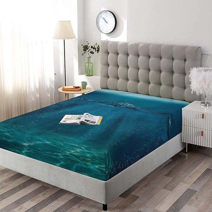 Decorative Bedding Sheet Set Full Size, Aqua Deep Pockets Fitted Sheet & 2 Pillowcases Set(No Flat Sheet), Underwater Sunrays Bubbles Print Microfiber 3pc Bed Sheets Set, for Kids & Adults Bedding