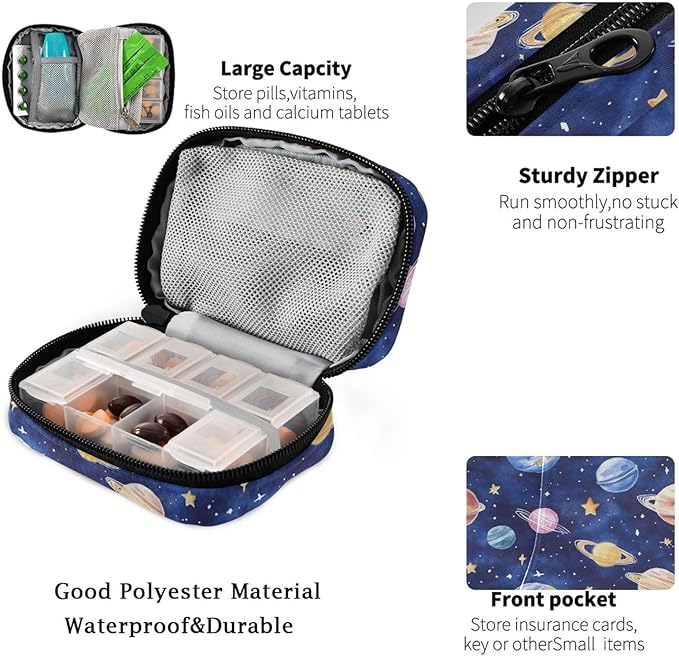 Fustylead Watercolor Hand Draw Planets and Stars Pill Organizer and Storage Weekly with Zipper, Removable Pill Box Portable Medicine Organizer for Vitamin Fish Oil Supplement