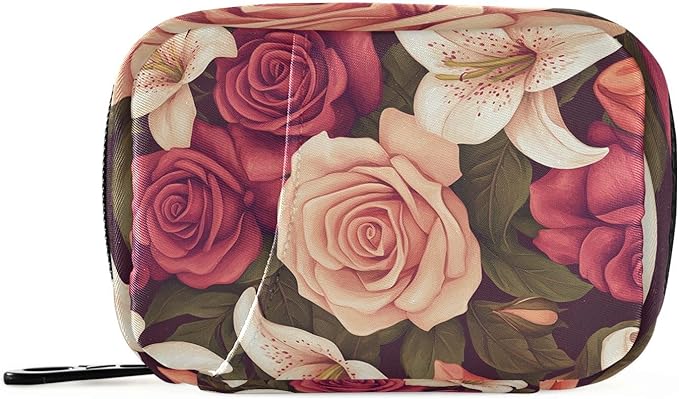 Roses and Lily Flowers Cute Pill Organizer Weekly Travel Pill Box 7 Day Large Capacity Pill Dispenser Case with 8 Pill Container Daily Pill Box Organizer Vitamin Holder Pill Bot