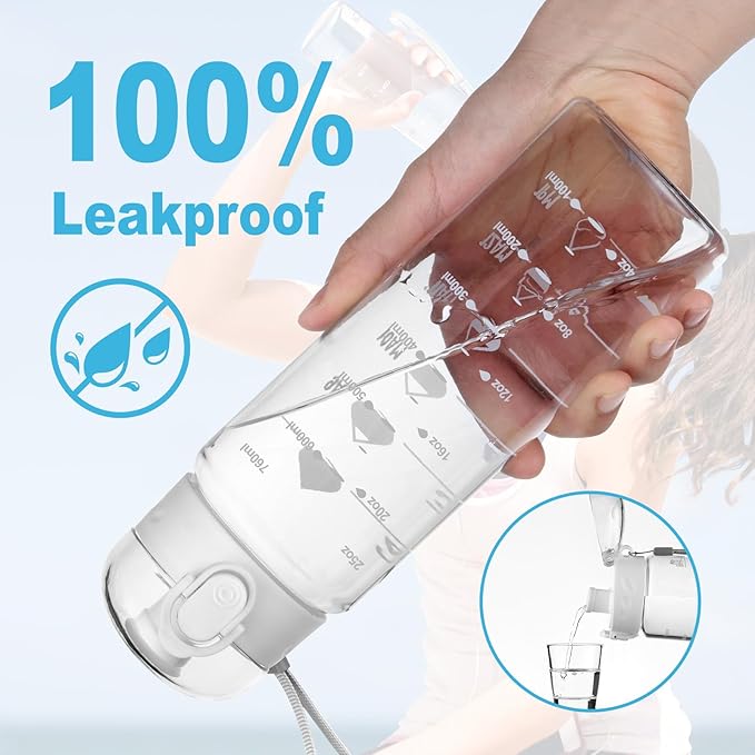 Clear Water Bottle, Wide Mouth Leakproof Water Bottle with Time Marker, 26OZ Plastic Water Bottles, Lightweight for Sports, Travel, White
