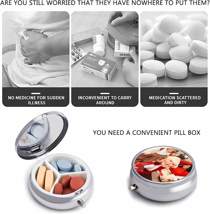 Custom 3 Compartment Pill Box, Personalize It to Add Any of Your Text and Images, Portable Pill Box Storage for Travel, Pocket Or Purse Pill Box Decorative Metal Medication Vitamin Organizer