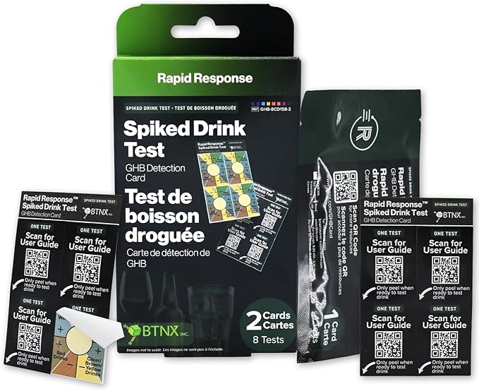 Rapid Response Spiked Drink Test - GHB Detection Card for Beverages. Easy to use, Safe, Avoid Drink Spiking. Drug Testing kit for Bars, Clubs, Parties, Compliant with California Law (2 Pack)