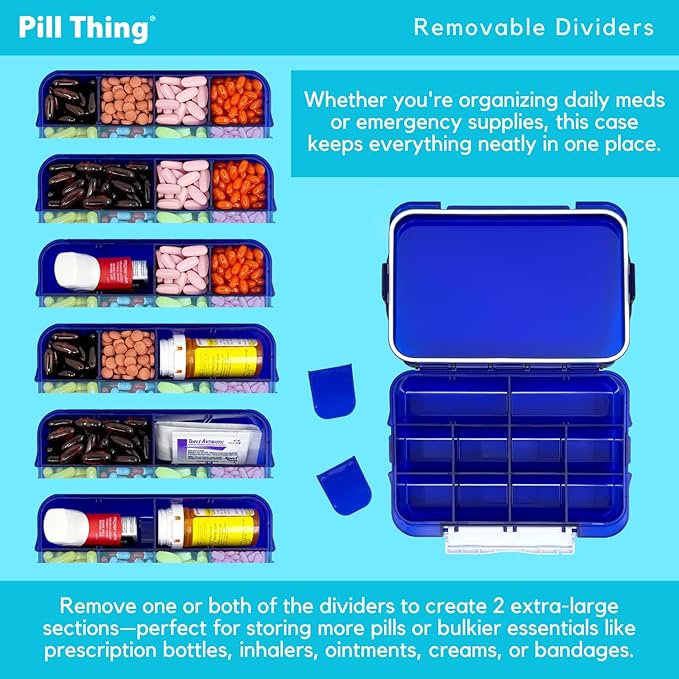 12 Compartment Large Pill Case with Airtight Seal - Silicone Gasket Waterproof Med Box with Medication Map and Medical Alert Card (Blue, 1 Pack)