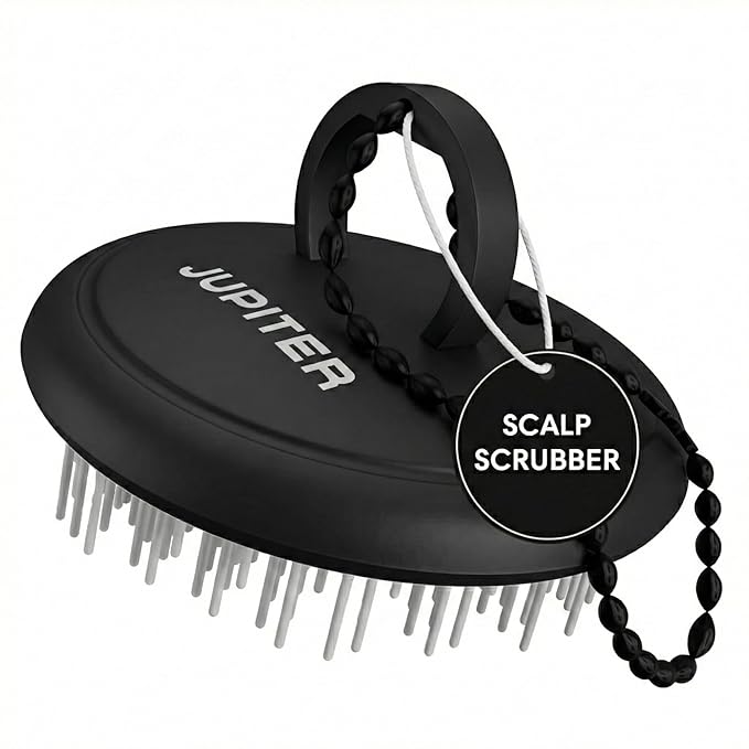 Jupiter Scalp Exfoliator - Scalp Massager Tool for Wet & Dry Hair - Ergonomic Detangler Brush - Dandruff Comb & Scrub to Remove Dandruff & Buildup and Support Circulation - Black/White