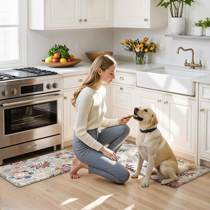 LEEVAN Anti Fatigue Mats for Kitchen Floor 2 Piece,Cushioned Memory Foam Blue Gray Kitchen Mats for Floor,Comfort Floral Boho Non Slip Kitchen Floor Mat for Sink,Laundry,Office(17''x29''+17''x47'')