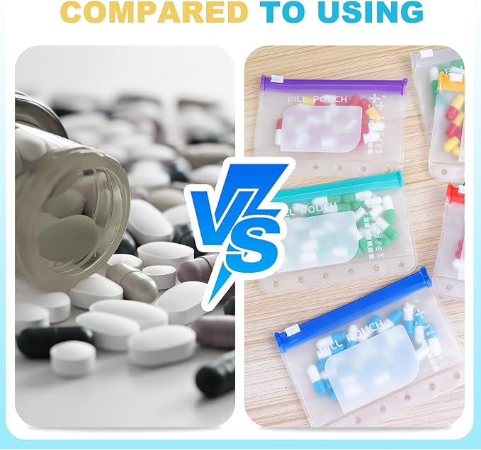 Water-Proof Pill Pouch Set， Large Pill Organizer, Pill Loose-Leaf Storage with Color-Coded Medicine Pouches,BPA Free, Reusable Travel Medicine Organizer， Zippered Pill Organizers Weekly